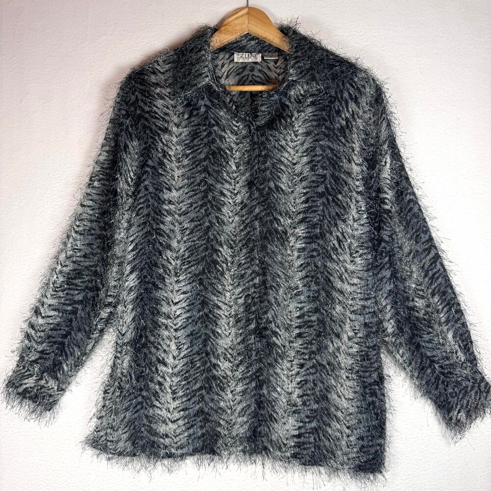Vintage Selene Sport Long Sleeve Shaggy Thread Shirt Shacket Animal Print Gray S